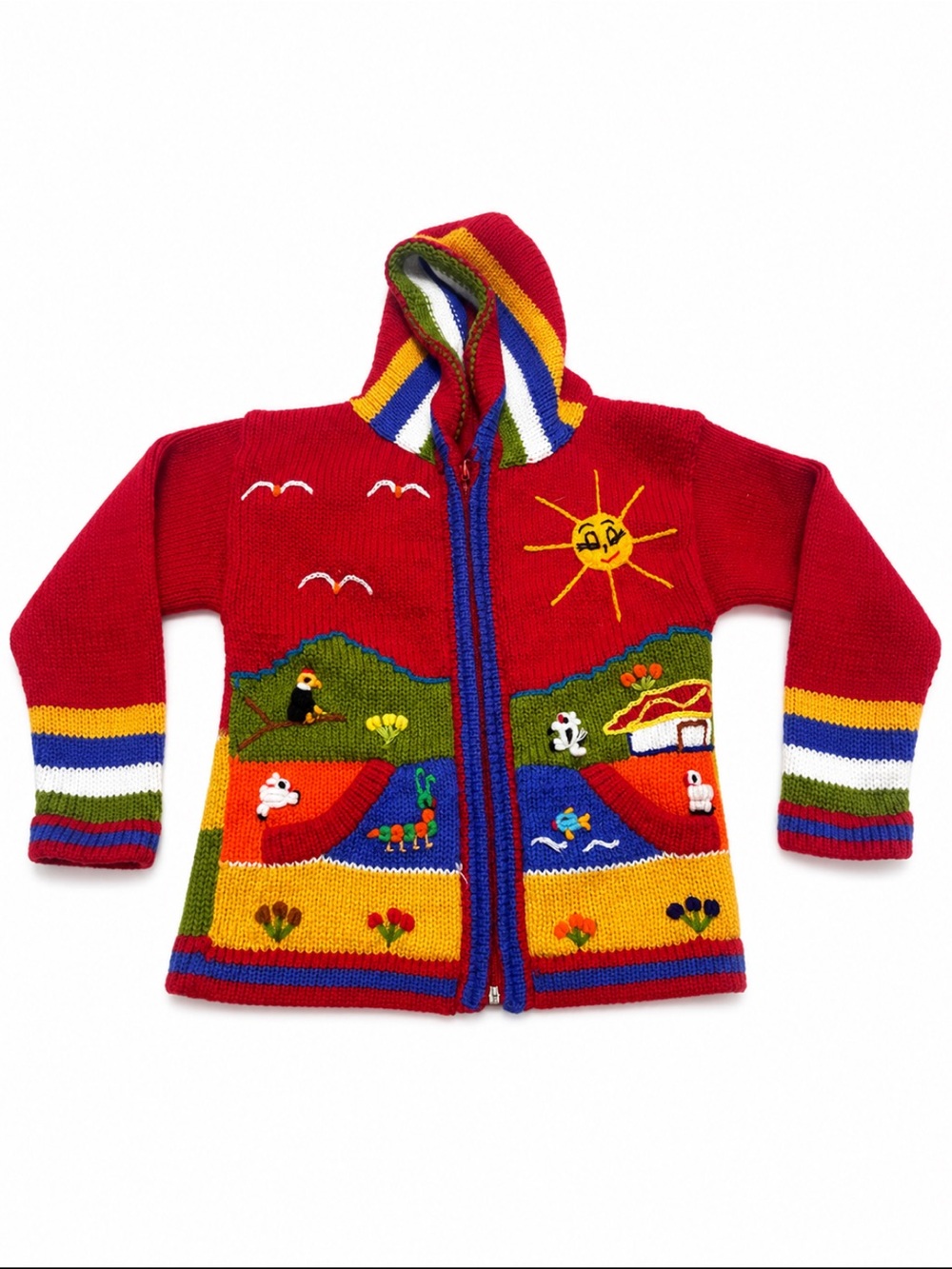 Kids Hand Knit Wool Hooded Sweater Jacket Colorful Folk Art Animals Full Zip